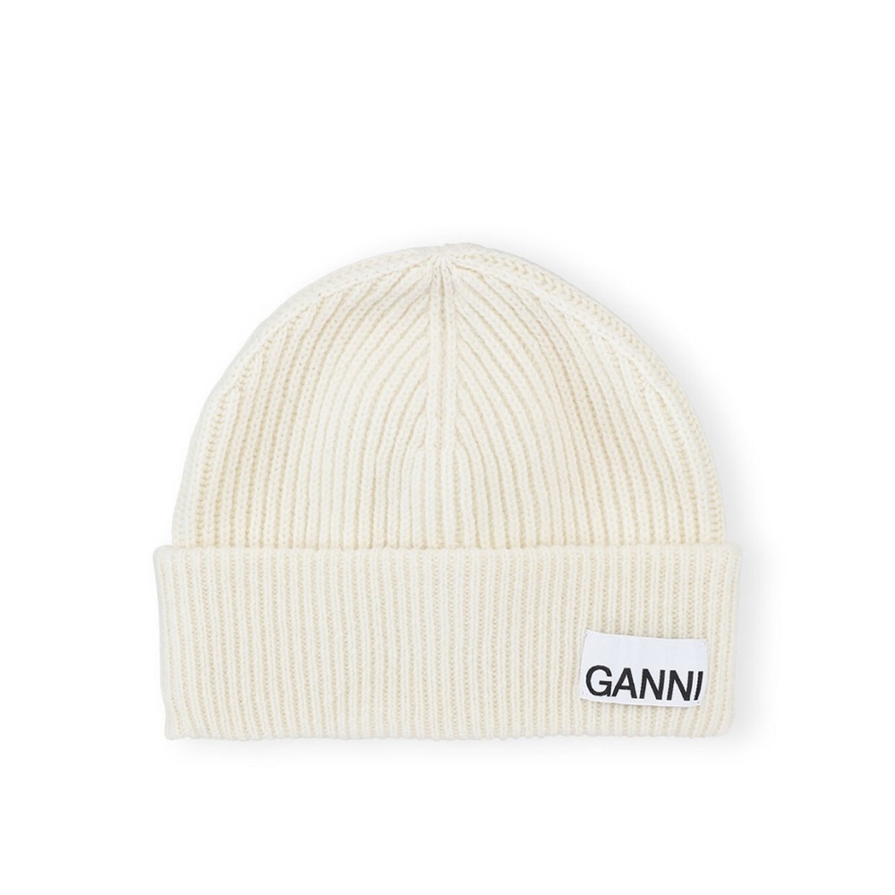 GANNI WHITE FITTED WOOL RIB KNIT BEANIE